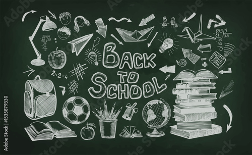 Welcome back to school horizontal banner, chalk drawing on school board, vector illustration. Handmade, not AI Vector illustration