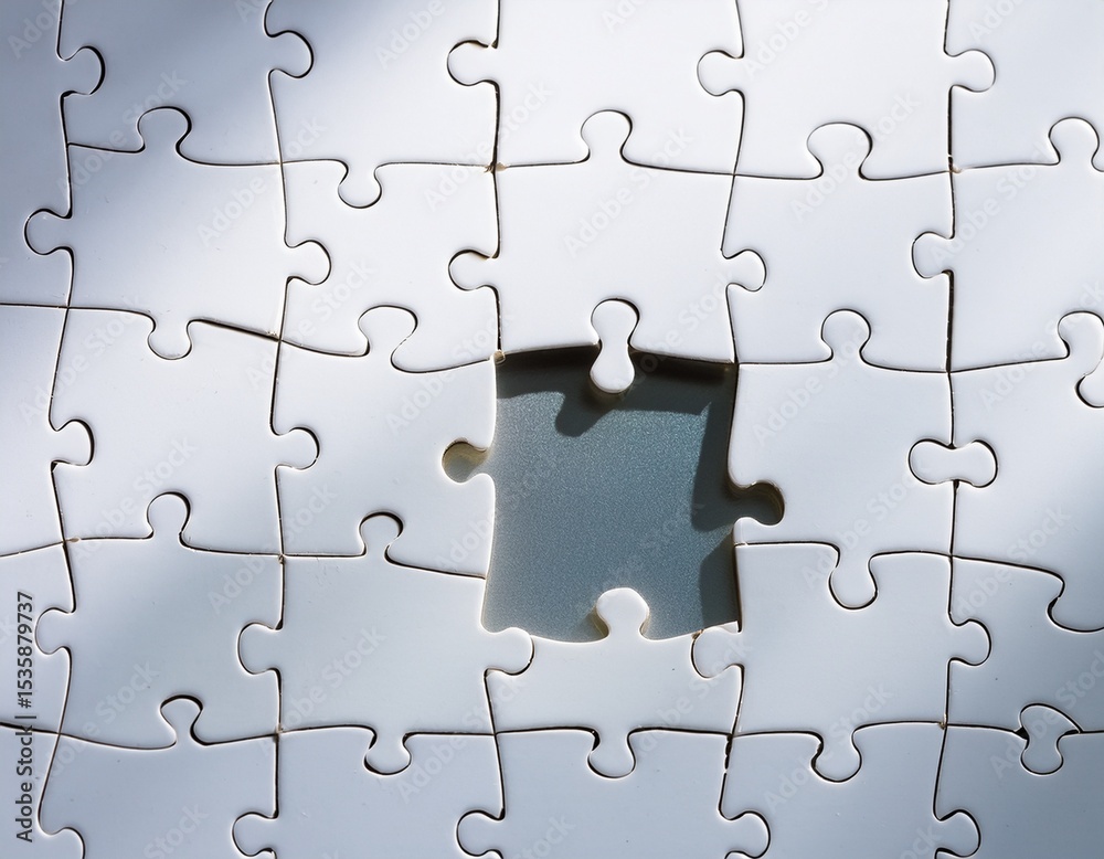 Fototapeta premium white puzzle mystery the missing piece reveals a reflective secret