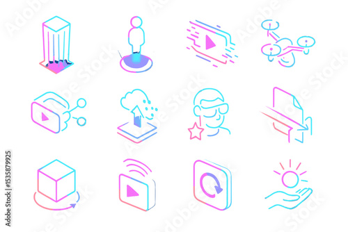 Neon glowing tech icons with virtual reality and drone graphics