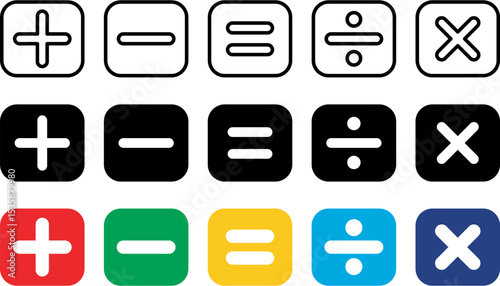Math Symbol Icons Set – Colorful, Bold, Flat, and Line Styles