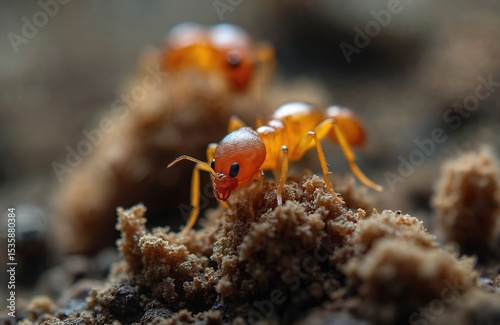 Close-up of a termite crawling on soil. Macro shot insect shows ant-like bug on soil surface, wood. Termites destroy wood, cause damage to timber. Pest concern for homeowner.