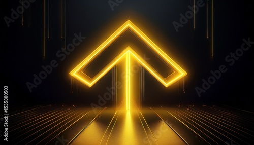 futuristic abstract background neon glowing yellow arrow pointer on black background glowing light sign neon arrow illustration