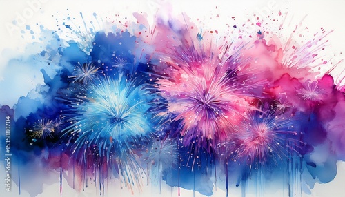 vibrant watercolor fireworks display in blue pink and purple with energetic sparks against a white background for celebration themes