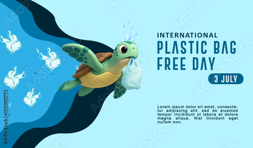 Cute 3D turtle swimming underwater with a plastic bag in its mouth, raising awareness for International Plastic Bag Free Day on July 3. Ocean pollution and marine life conservation concept.

