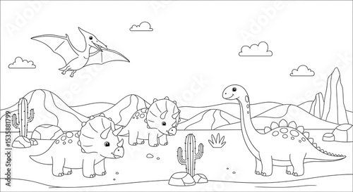 Fototapeta Naklejka Na Ścianę i Meble -  Dinosaur coloring page for kids printable free easy dinosaurs triceratops pterodactyl brontosaurus on transparent background