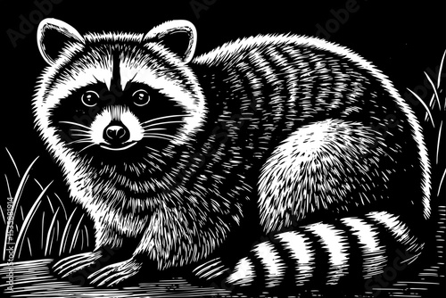  portrait of a raccoon with masked eyes and striped tail black and white sketch vector best for tattoo