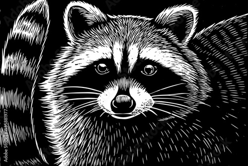  portrait of a raccoon with masked eyes and striped tail black and white sketch vector best for tattoo