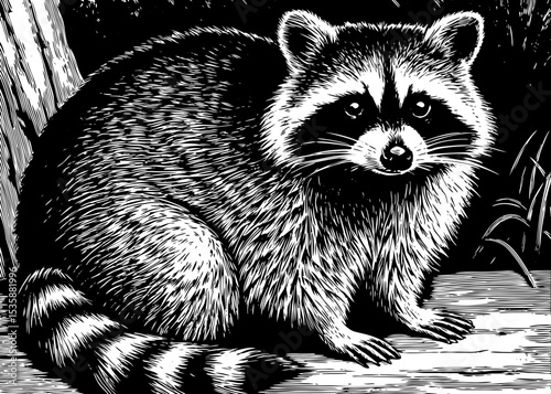  portrait of a raccoon with masked eyes and striped tail black and white sketch vector best for tattoo