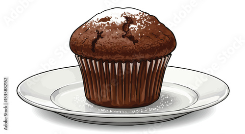 Delicious Chocolate Muffin with Powdered Sugar on a White Plate

