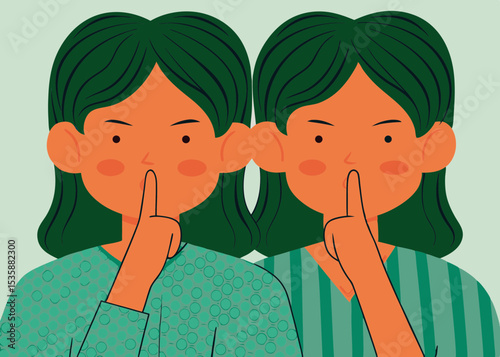 Two girls whispering a secret, illustrated in teal tones, for social media posts