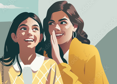 Woman whispering secret to girl, outdoors, for family blogs