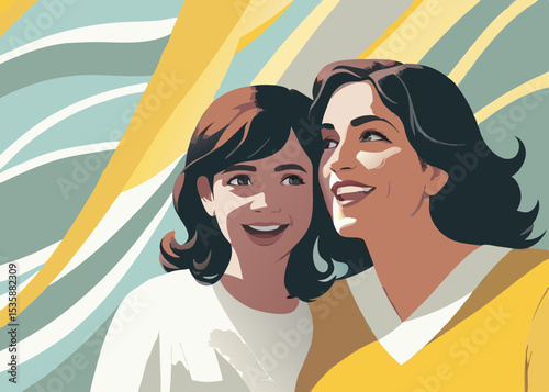Two women sharing a secret, smiling together, yellow and teal colors, for family blogs