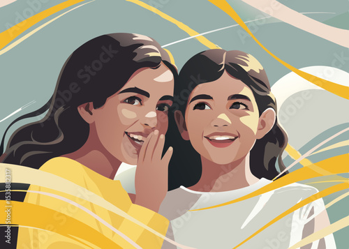 Two sisters sharing a secret, whispering joyfully, with copy space