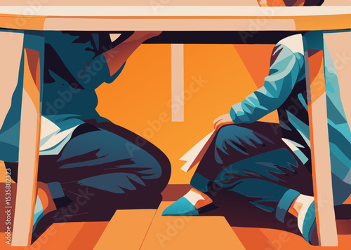 Family sharing secrets, under a table, in teal and orange tones, for blogs and websites
