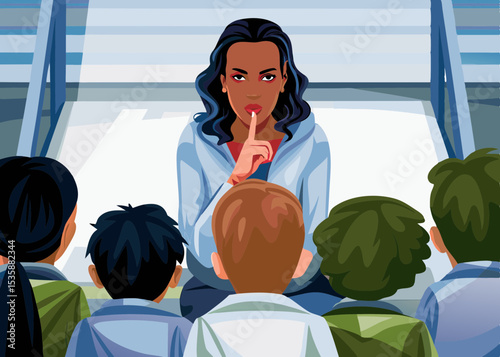 Woman sharing a secret with children, indoors, for family blogs