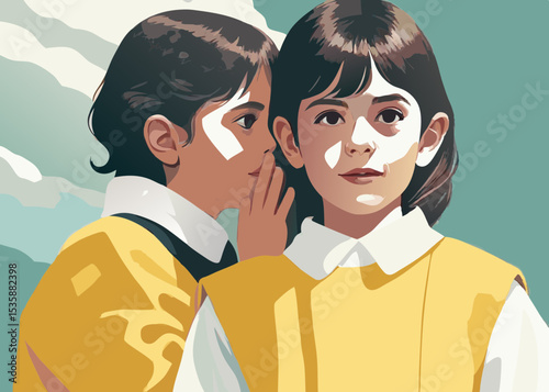 Girls sharing a secret, in yellow, for children's book illustrations