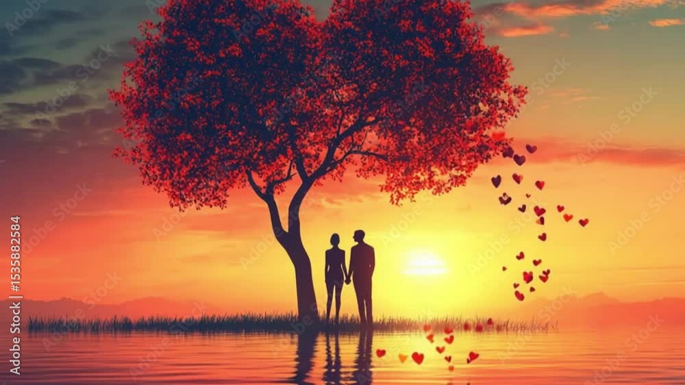 Silhouetted couple standing by a heart-shaped tree at sunset, with floating hearts in the sky