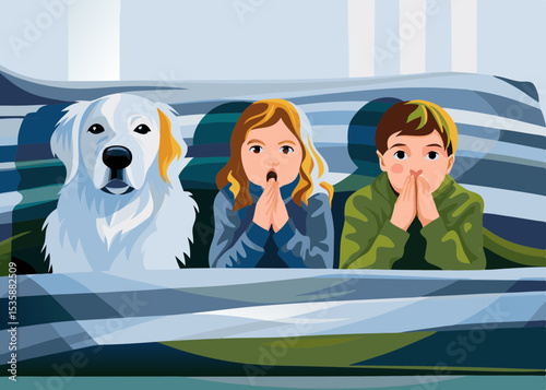 Children and dog sharing a secret, in muted tones, for websites