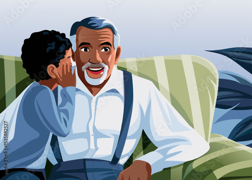 Grandson whispering a secret to his grandfather, seated on a couch, for family blogs