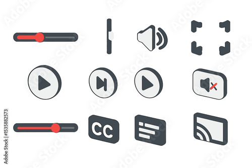 Multimedia control icons set: play, pause, volume, subtitles, cast