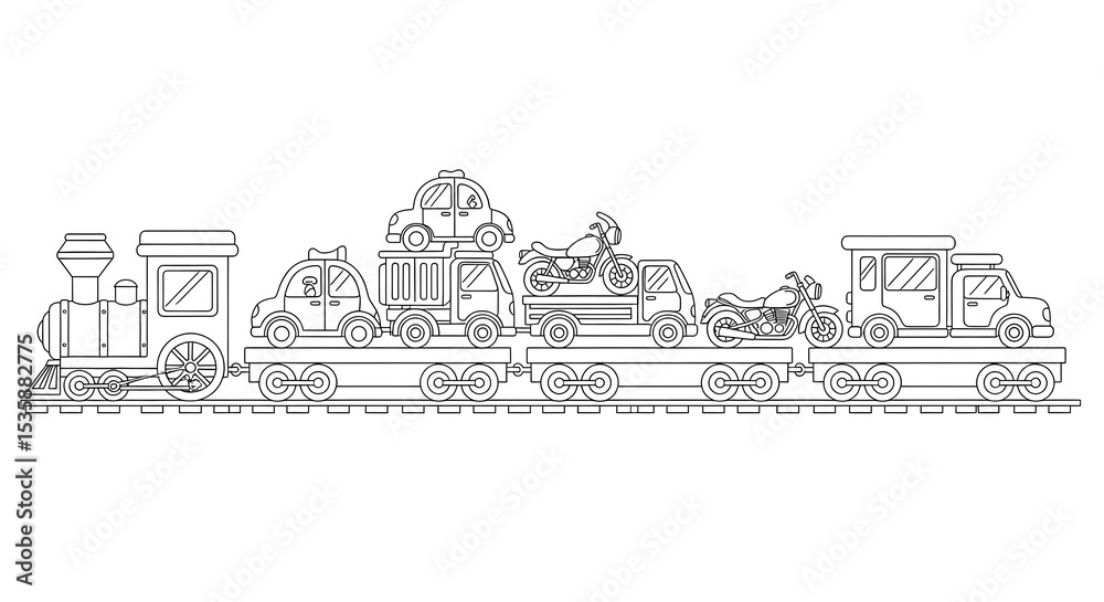 Naklejka premium Train coloring page for kids with cars and motorcycles on train cars transportation toy on transparent background