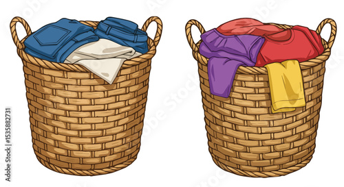 Wicker Laundry Baskets with Sorted Clothes for Washing

