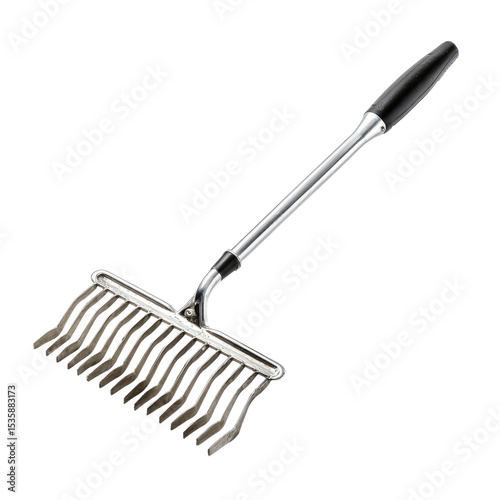 Chrome plated soil rake with black handle and curved tines angled view.