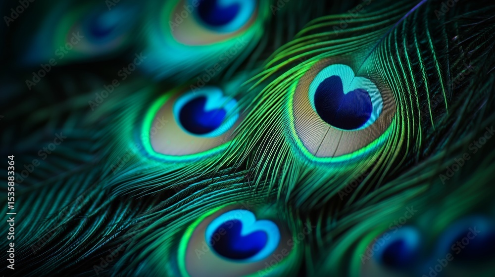 Obraz premium Colorful peacock feathers display intricate patterns in vibrant hues at a nature reserve in early summer