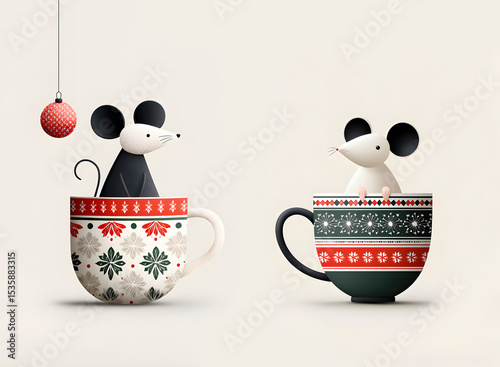 Two cute Christmas mice sitting in festive mugs with winter patterns cartoon animal clipart for holiday design isolated on white background