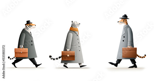 Three cartoon tiger businessmen in coats and hats walking with briefcases isolated on white background animal character illustration for winter clipart