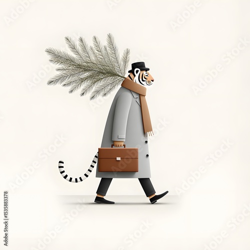 Cartoon tiger in coat and hat holding a briefcase and carrying a Christmas tree branch winter holiday animal character illustration isolated on white