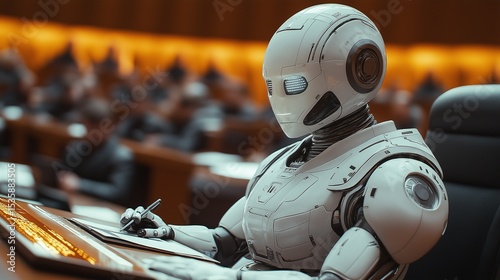 Humanoid robot reading digital tablet in library with people in background.