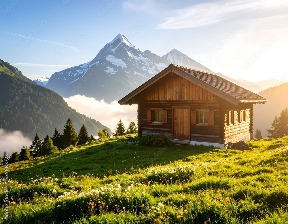 Fototapeta premium Alpine chalet nestled in meadow