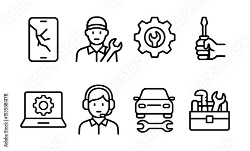 Device repair and maintenance icons with technician support and tools vector illustration