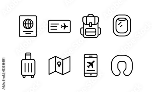 Minimalistic travel icons set featuring passport, boarding pass, backpack, airplane window, luggage, map, mobile, neck pillow vector illustration