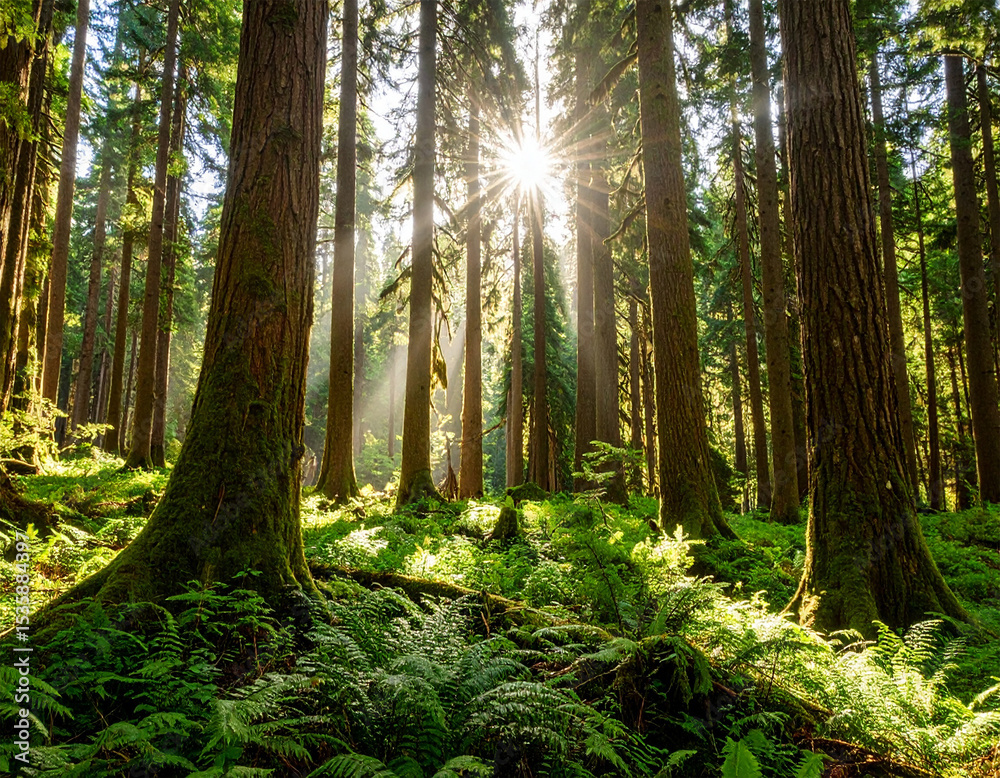 Fototapeta premium Beautiful rays of sunlight in a green forest