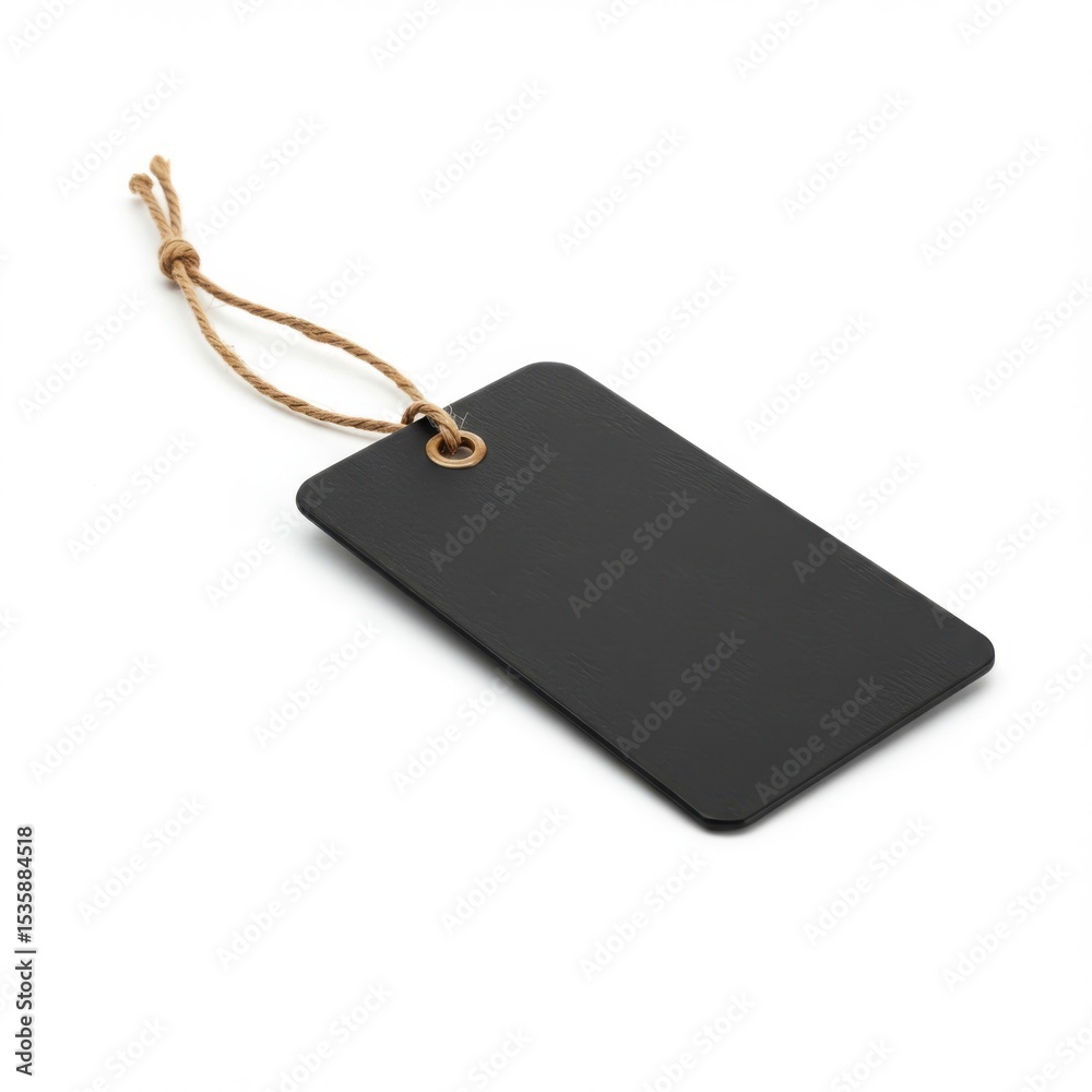 Fototapeta premium Blank black rectangular gift tag with jute string