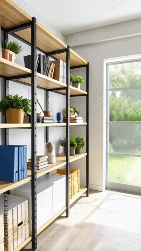 Interior view of a home office with a modern shelving unit displaying books, plants, file folders, and decorative items near a window.