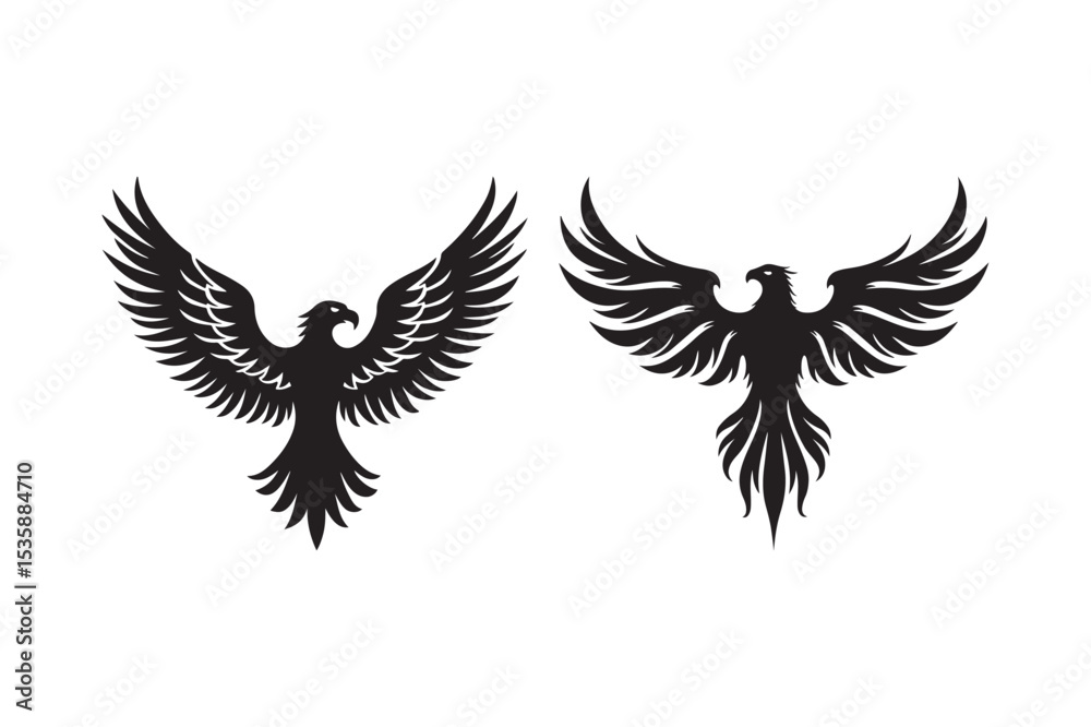 Obraz premium Phoenix Silhouette Vector Set with Spread Wings for Tattoos and Logos