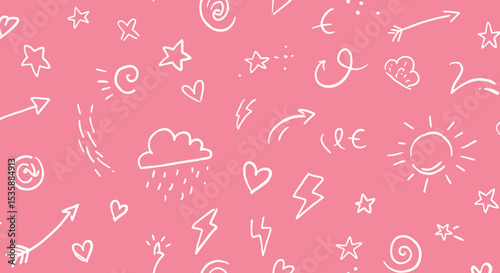 Elementos gráficos doodle: estrelas, corações, setas e nuvens desenhados com marcador branco sobre fundo rosa – ilustração vetorial moderna feita à mão para design contemporâneo