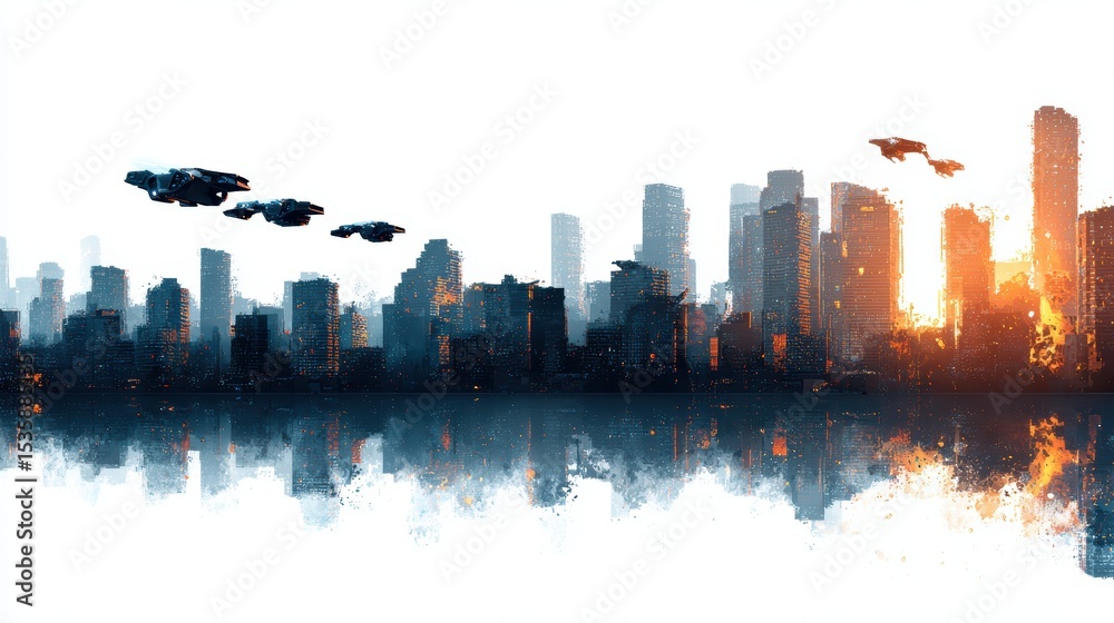 Obraz premium Futuristic city skyline at sunset with flying vehicles and reflections in water creating a sci-fi environment