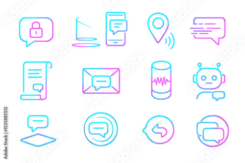 Neon technology icons: chat, location, voice, security, ai, communication