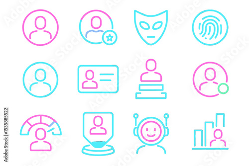 Neon identity icons featuring mask, fingerprint, and user profiles