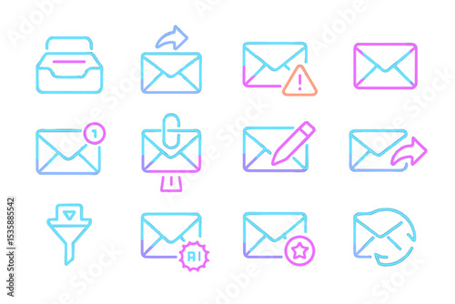 Neon email icons with symbols for communication and alerts