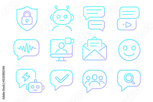 Futuristic neon icons featuring robots, chat bubbles, and digital communication