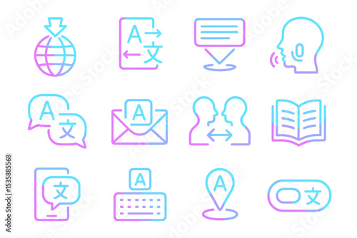 Neon icons illustrating language translation and communication concepts