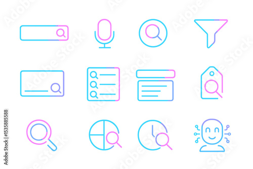 Neon blue and pink search icons on black background