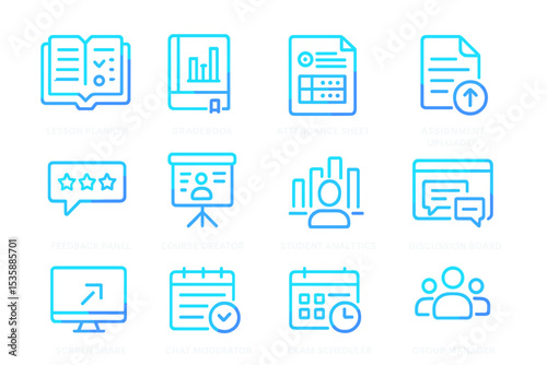 Neon blue academic icons: planner, gradebook, attendance, analytics, discussion