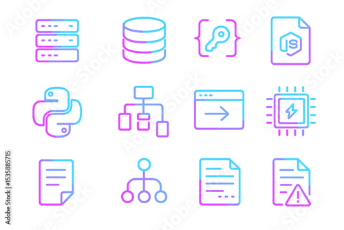 Neon icons illustrating programming, coding, technology, and development concepts