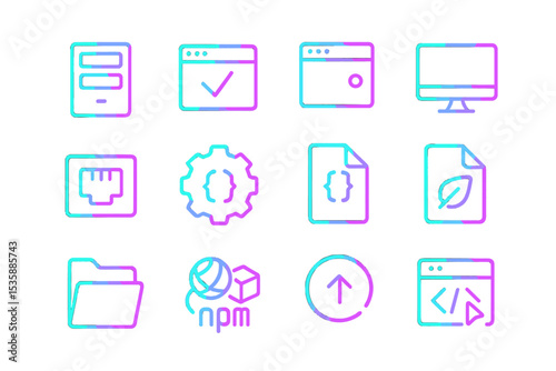 Neon icons of digital tools and web development on dark background